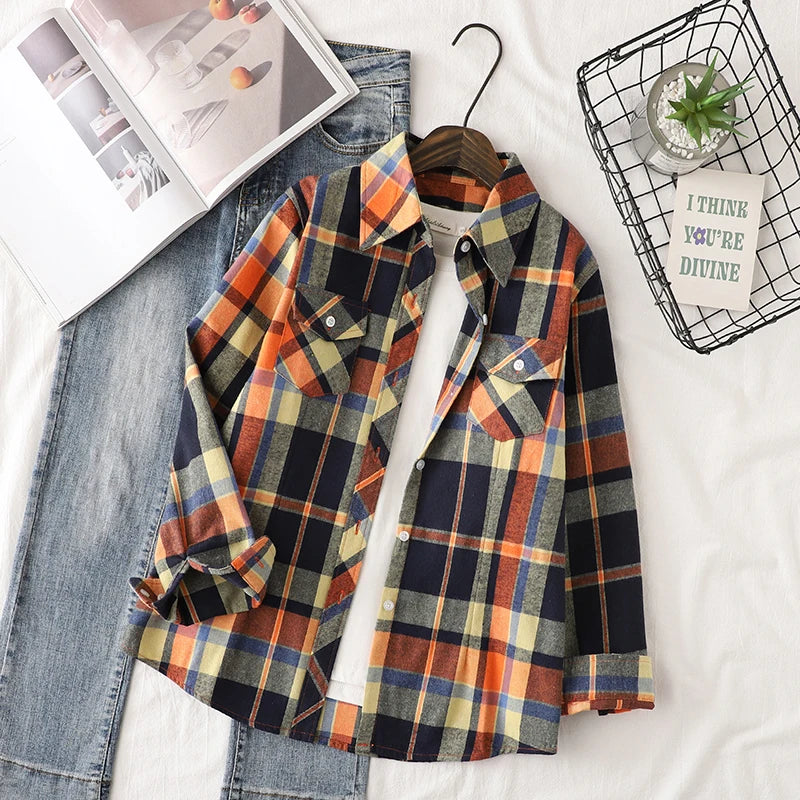 Cotton Flannel Plaid Casual Slim Fit Long Sleeve Top.  XS-3XL