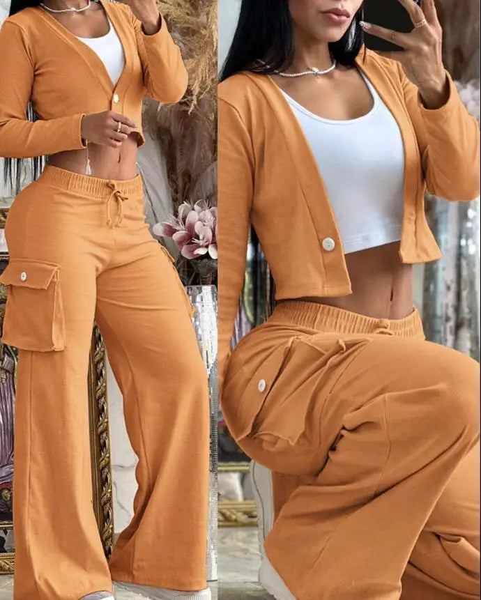 Women's New Fashionable Solid Colour Short Top Casual Pants Set For Women.  S-2X