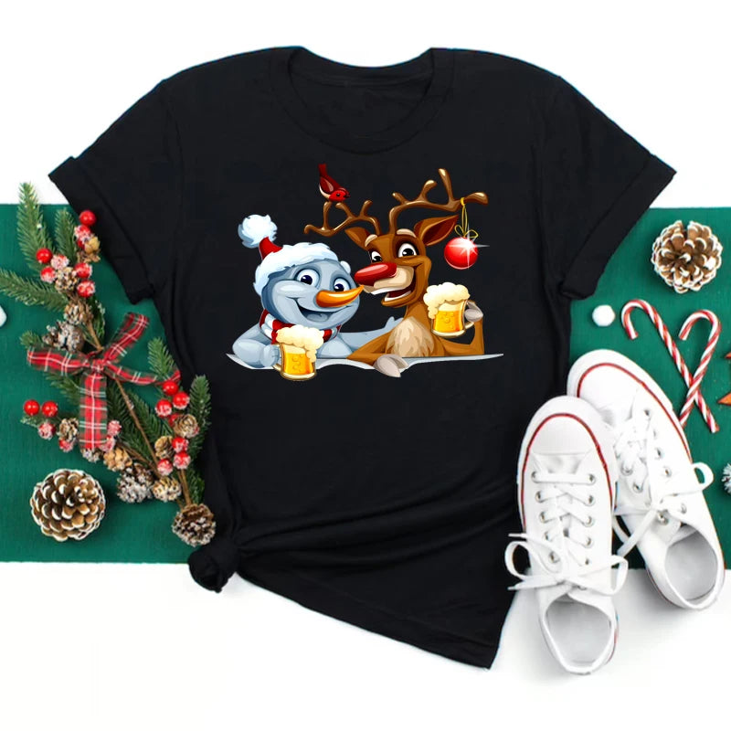 Women's Kawaii Christmas Top - Santa Claus & Deer O-Neck Y2K T-Shirt.  S-3X