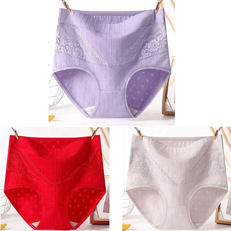 3pcs Curvy Size High Quality Cotton Underwear Lace High Waist Breathable Solid Colour.