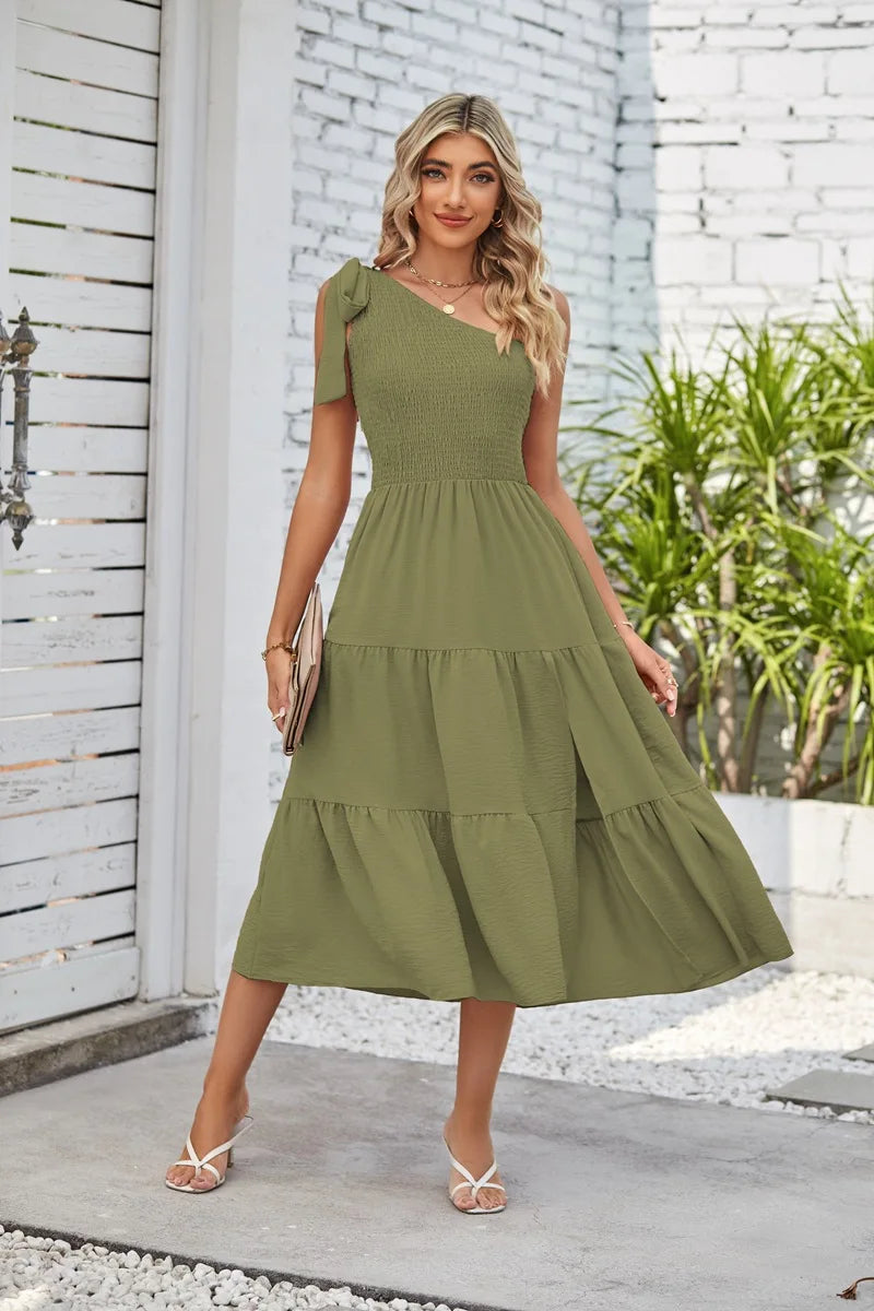 Women Tie Shoulder Dress Summer Sleeveless Side Split Sexy Tiered Ruffle Dress.  S-XL
