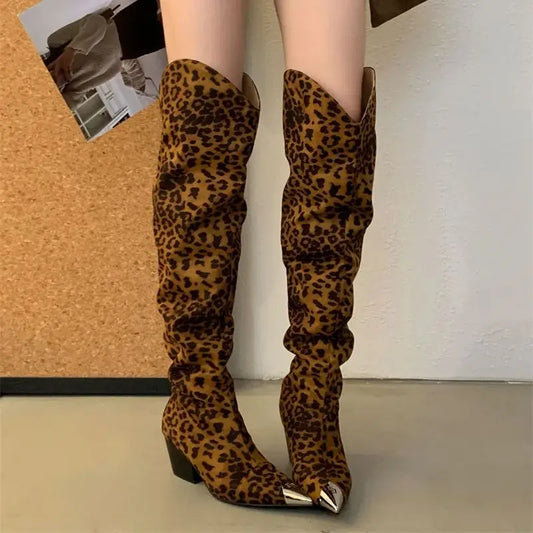 Women's Over-The-Knee Boots - Pointed Toe Chunky Heel with Metal Decoration