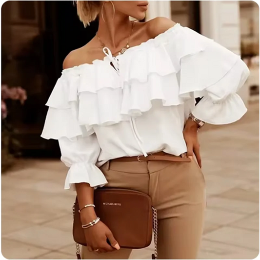 Chic Off Shoulder Double-Layer Top Women High Street Solid Colour Casual Blouse.  S-2X