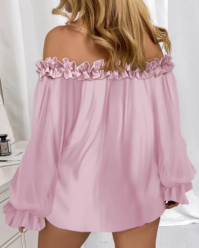 Spring Summer Women's Blouse Solid Colour Pleated Loose Ruffle Hem Lantern Sleeve Top Off Shoulder Shirt