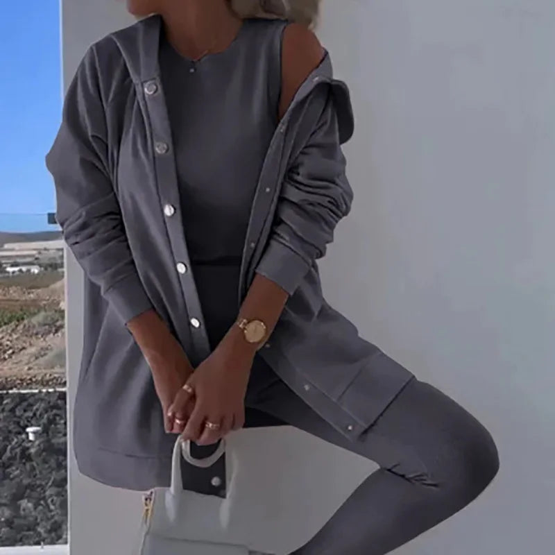 O-Neck Top Long Sweater Matching Set,Solid Three Piece Outfit, .  S-3x