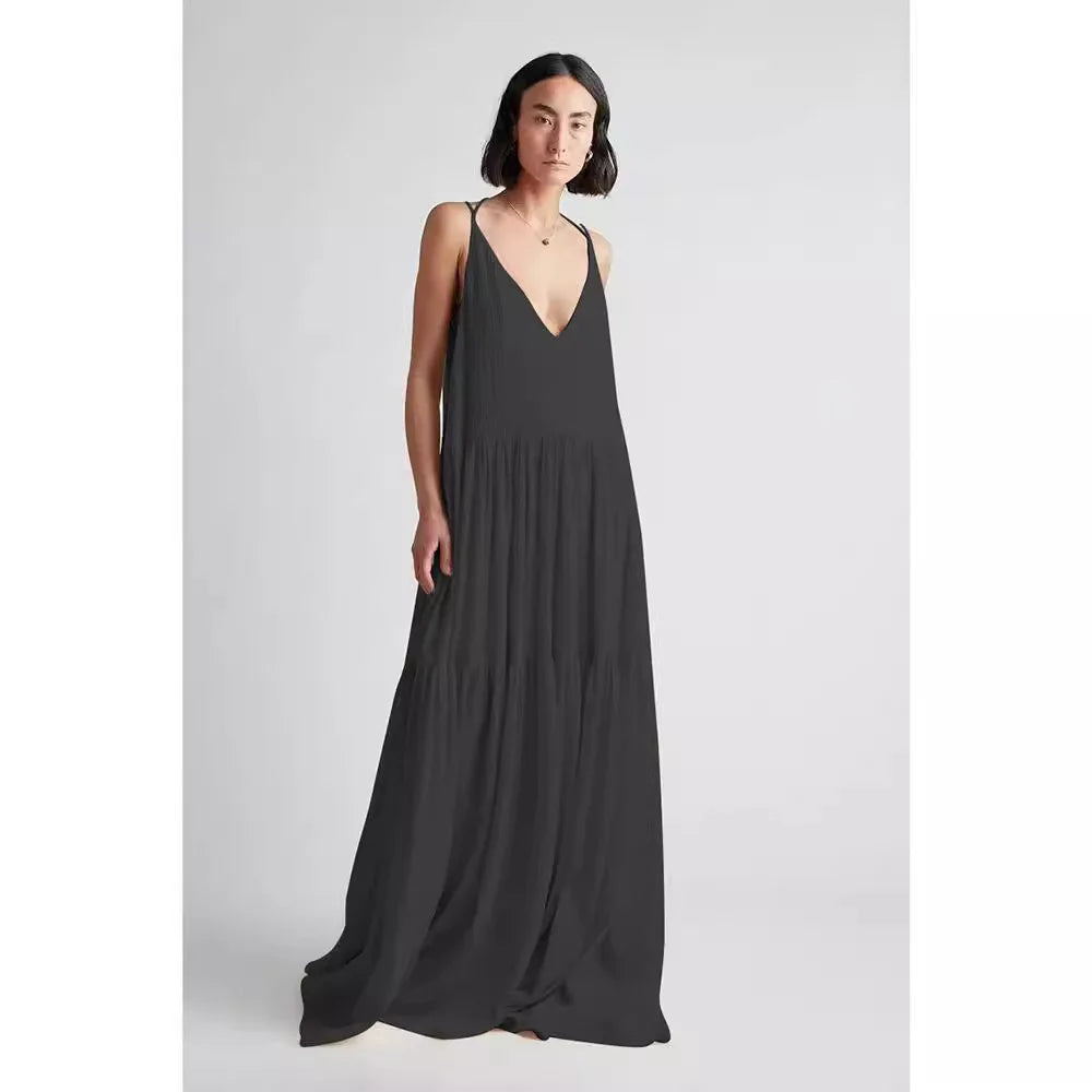 Summer Loose Dresses Casual Solid Pleat Irregular Long Spring Sexy Double V Neck Backless Hollow Dress.  S-3X