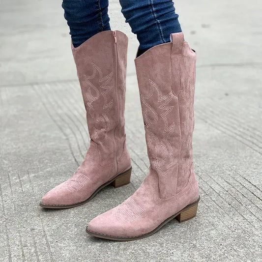 Women's Fashion Chunky Heeled Cowboy Boots Zipper Style Pointed Toe