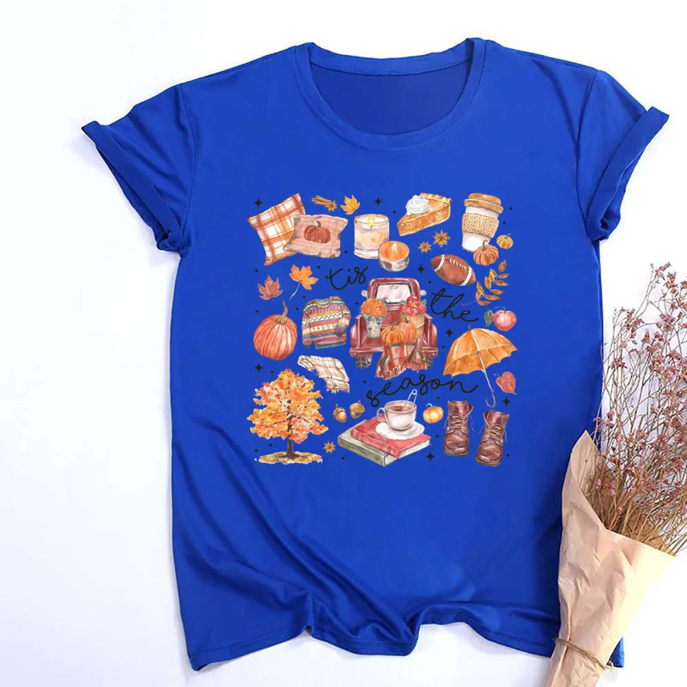 Women's Fall Shirt Pumpkin Season Short Sleeves Fashion Fall Harvest  Tshirt .  S-2X