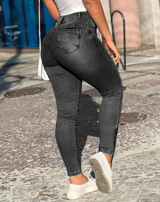 Women's Denim Pants Buttoned Pocket Zipper Design High Waist Casual Daily Skinny Jeans.  S-2X