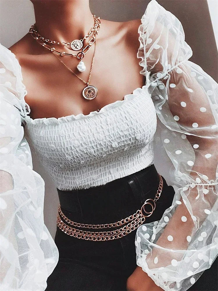 Mesh Puff Long Sleeve Square Neck Crop Top Summer Fall Sexy Blouse .