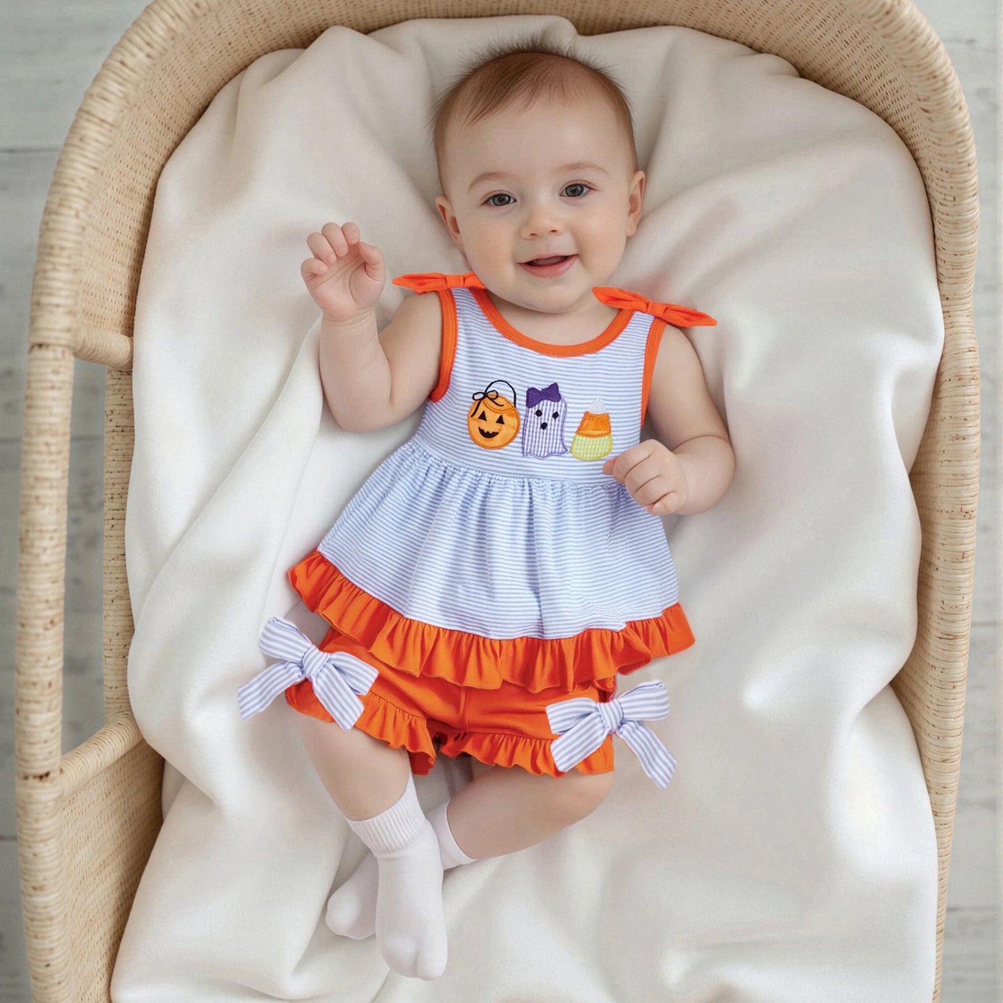 Toddler Little Girl Halloween Outfit Striped Pumpkin Ghost Ruffle Tank Tops Elastic Waist Shorts 2 Piece Set.