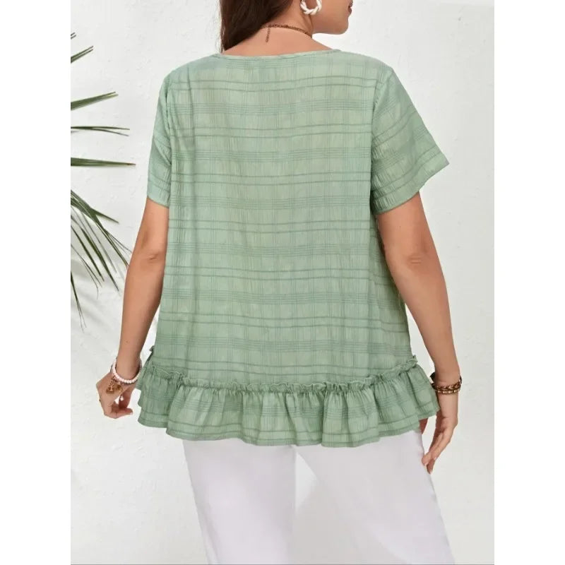 Plus Size 1XL-5XL Women's Casual and Fashionable Ruffled Round Neck Short Sleeved Shirt.