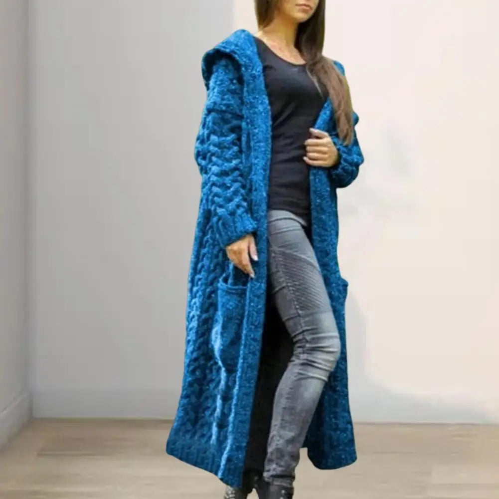 Women Sweater Jacket with Pockets Mid Length Hooded Knitted Twisted Texture Solid Colour Long Sleeve Thick Outerwear.  S-3xl