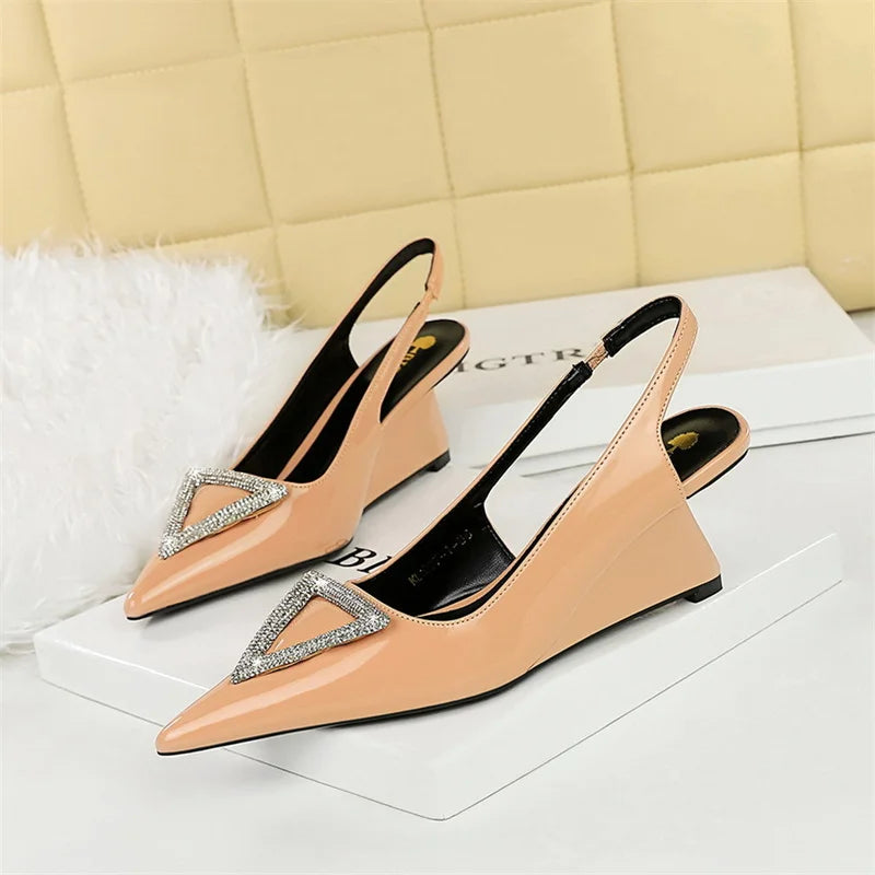 Women Wedge Shoe High Heel Pointed Toe, Back Straps Patent Leather Triangle Metal Crystal Buckle Pumps