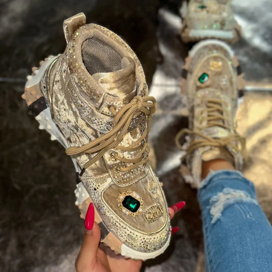 Women Casual Sneakers Luxury Designer Boots Rhinestone Suede High-Top Thick Bottom Shoes Female Tennis Outdoors Walking Shoes