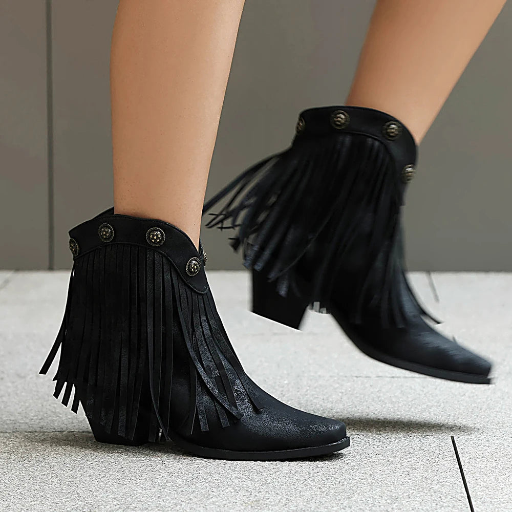 Cowboy Short Boot For Women PU New Tassel Chunky Heel Western Fashion Slip-on  Boots
