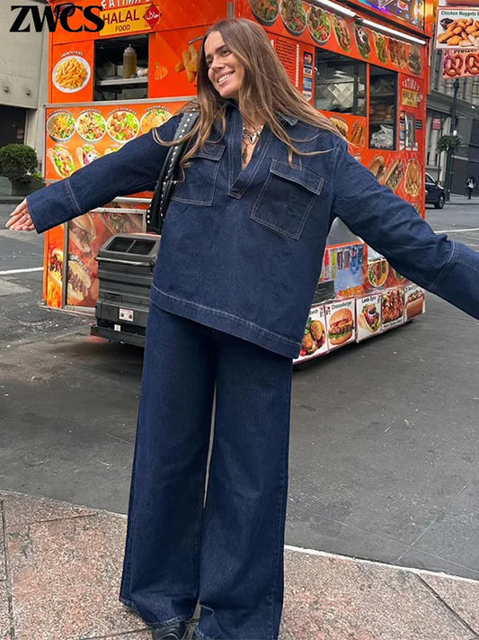Fashion Denim Jacket Jeans Set Women Casual Lapel V-neck Full Sleeve Wide Leg Trousers 2025 New Ladies High Street Outfit
