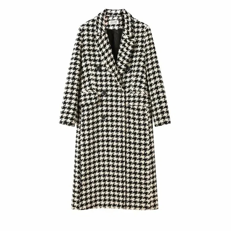 Women Autumn Winter Woolen Coat 2025 New Women Double Breasted Hounds Tooth Mid-Length Woolen Coat .   S-3X