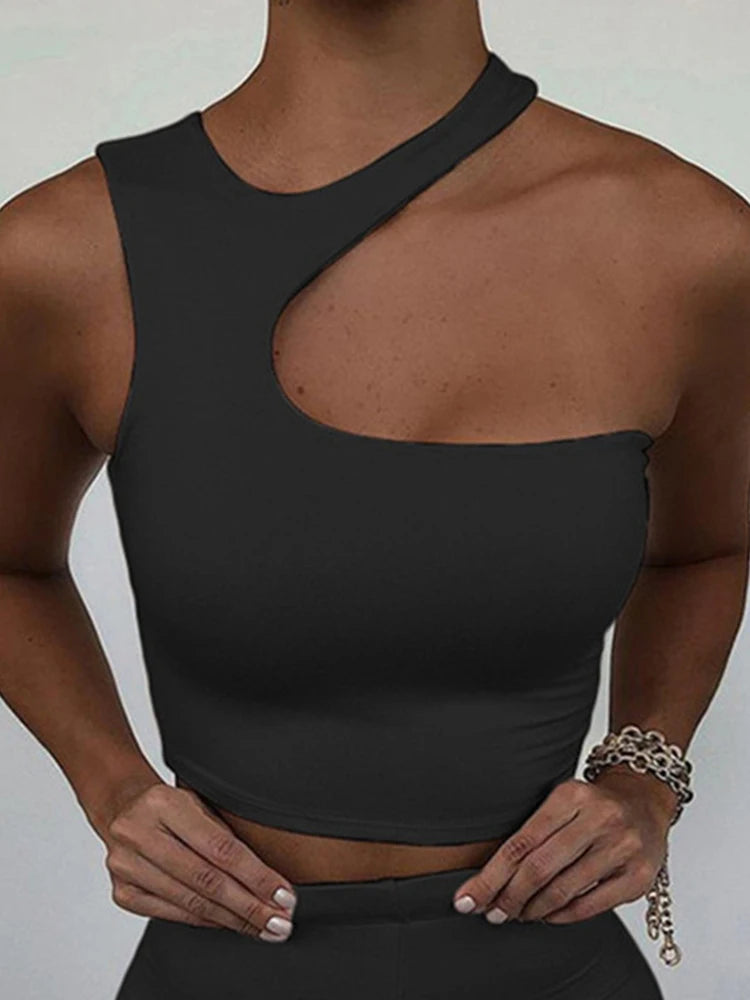 Cut Out Sexy Crop Top Solid Skinny Sport Short Summer Tube Top.