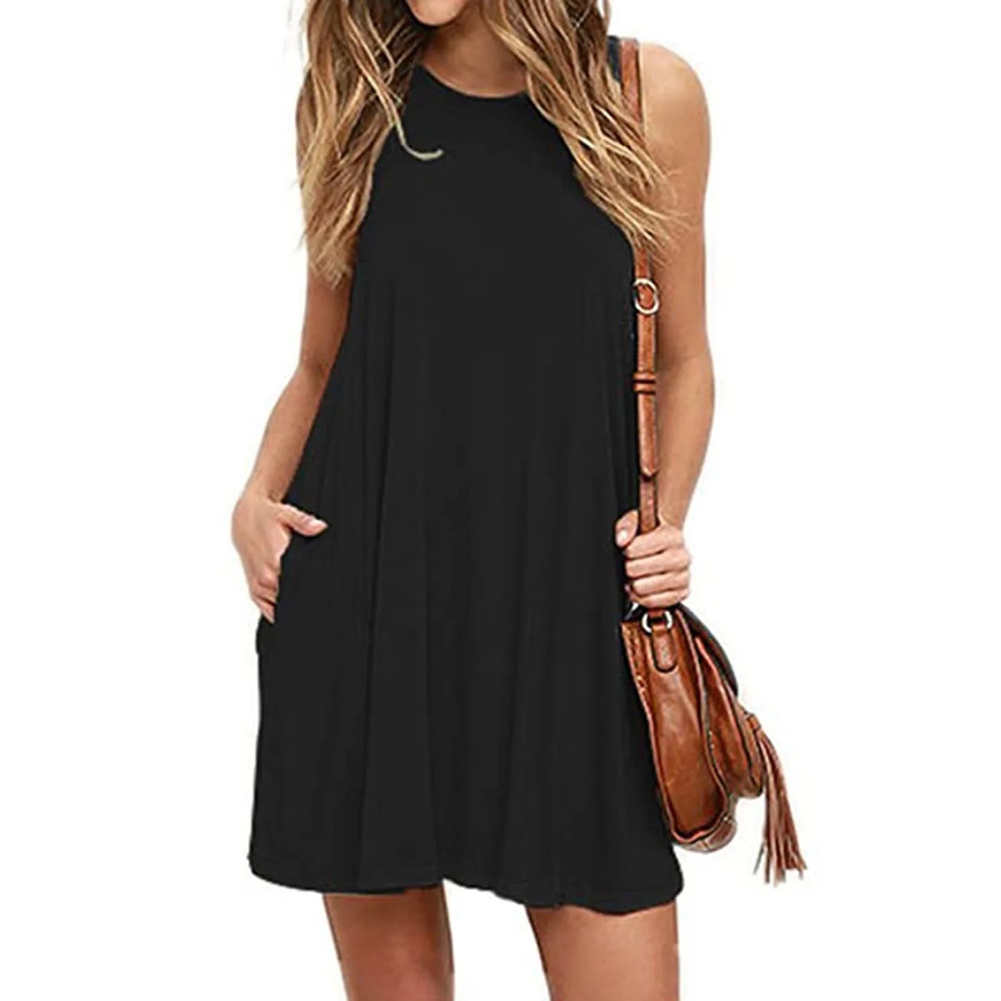 Summer Casual T Shirt Casual Dress Or Beach Cover up Plain Pleated Tank Pocket Dress