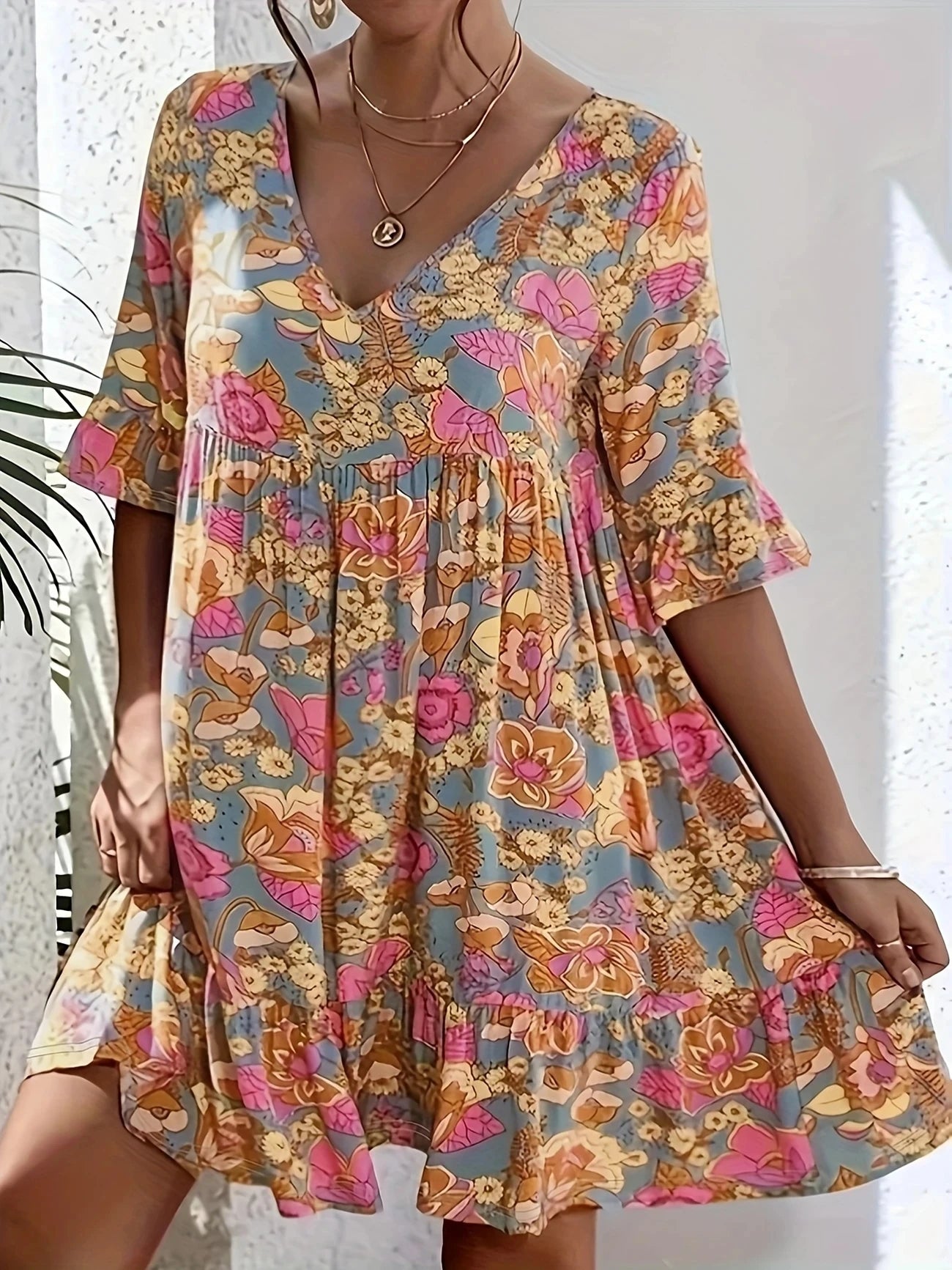 Plus Size 1XL-5XL Women's Fashionable Ruffle Sleeve V-neck Pleated Printed Casual and Comfortable Dress.
