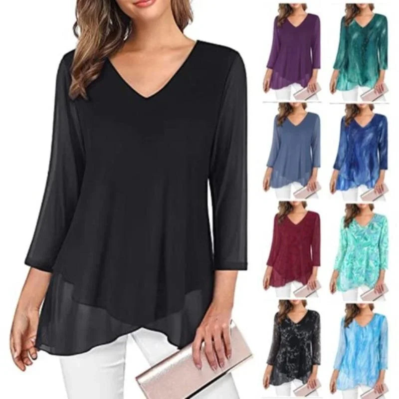 Women's V Neck Asymmetric Blouse.  S-2X