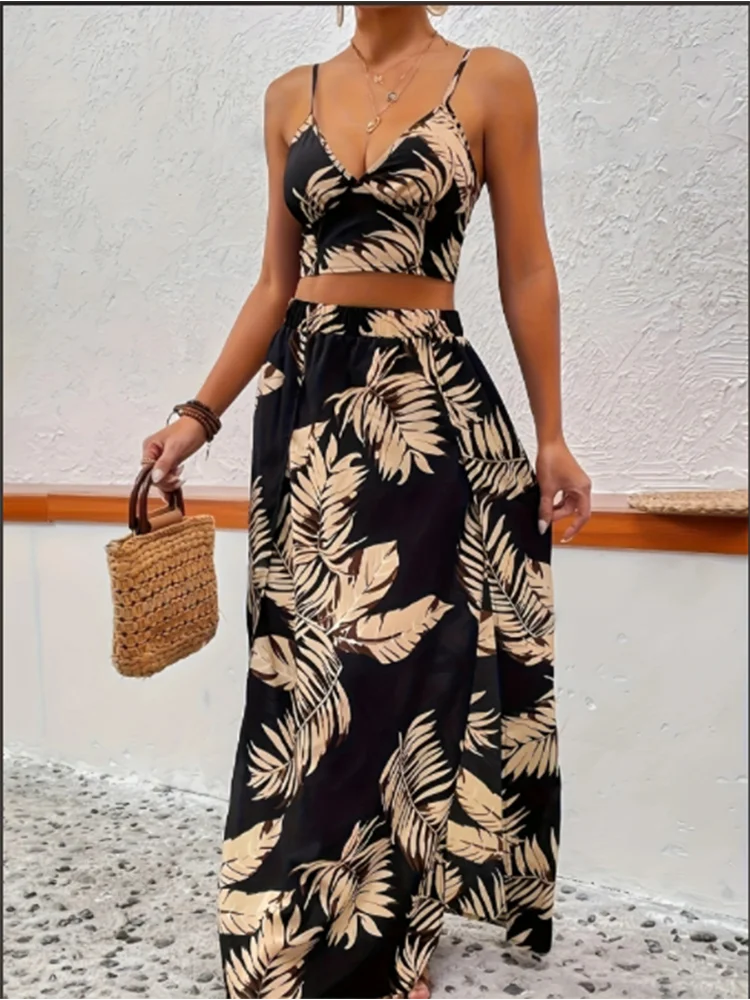 Women Sleeveless Low Cut V-Neck Printed Dress High Slit Sexy Trendy Skirt And Top Set Light Elegant Summer Set. S-2X