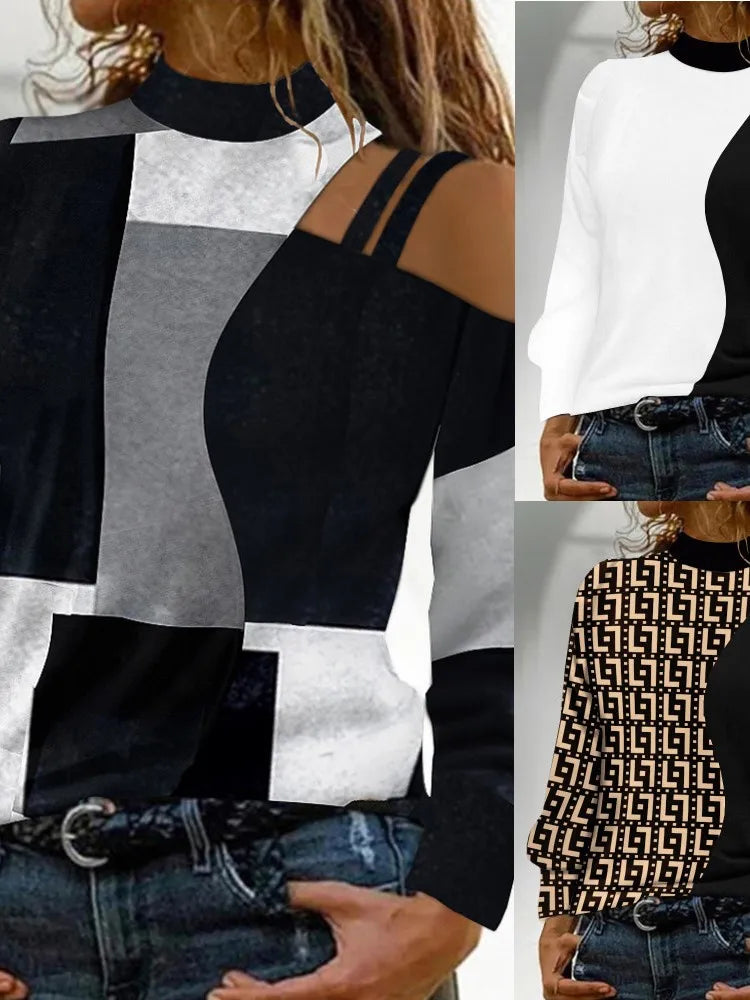 Fashion Sexy Off Shoulder Print Tops Women Elegant O-neck Long Sleeve Blouse.  S-3X