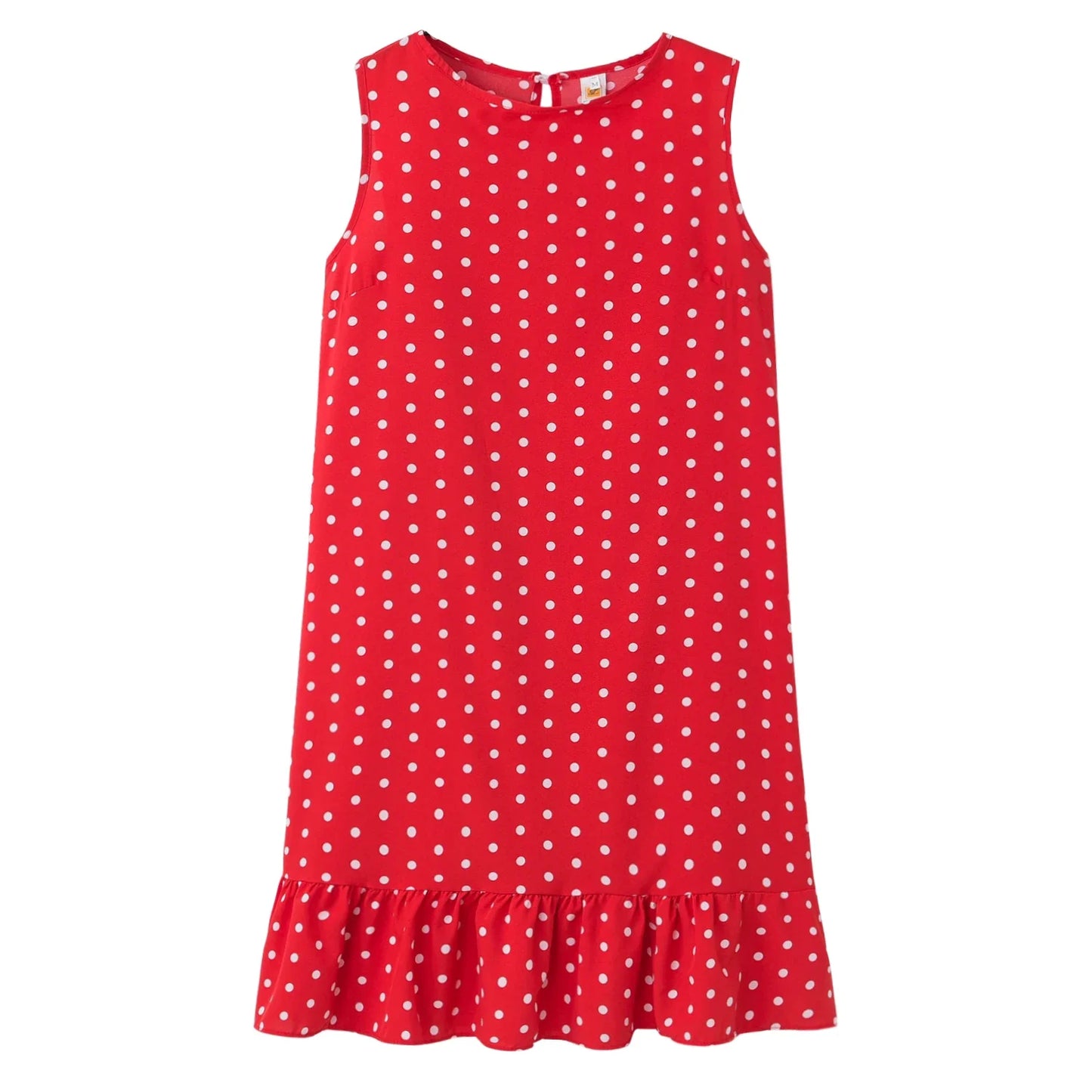 Ruffled Polka Dot Dress Sleeveless, Round Neck, Loose Hem,   S-2X