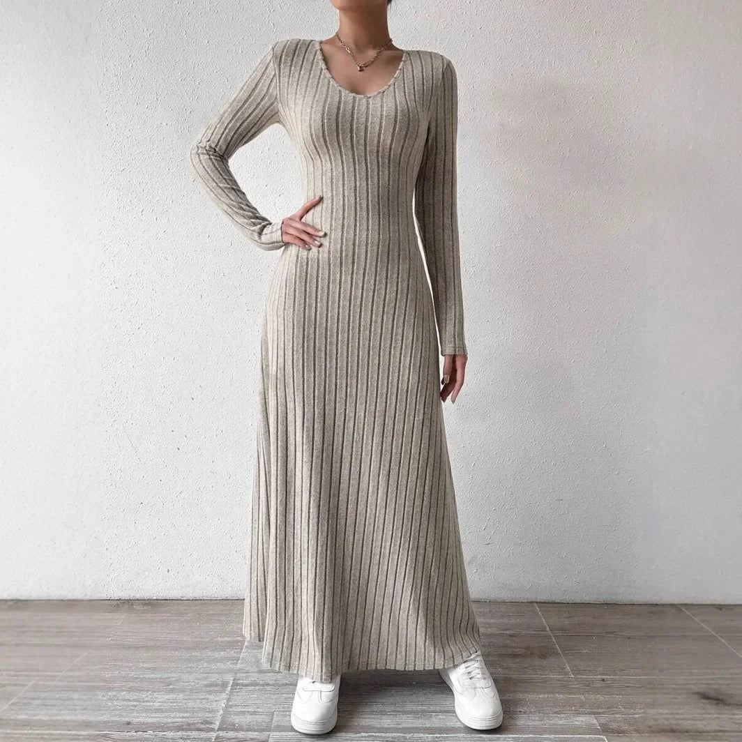 Fashionable Knitted Long Sleeve A- Line Streetwear Dress For Women Smooths And Slims Your Silhouette Solid Color Long Dress.  S-XL
