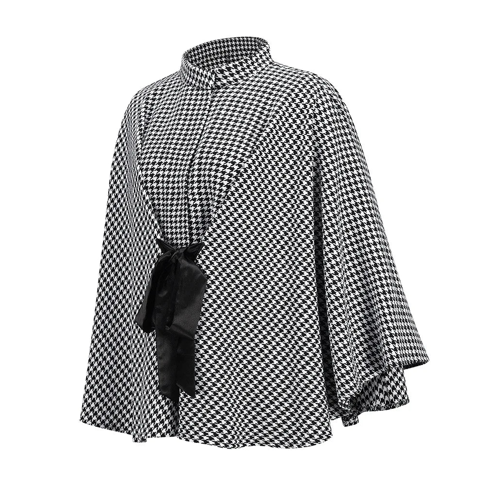 Coat Fashion Hounds tooth Print Half-high Collar Lace Up Bat Wing Elegant Women's Clothing.  One -Size