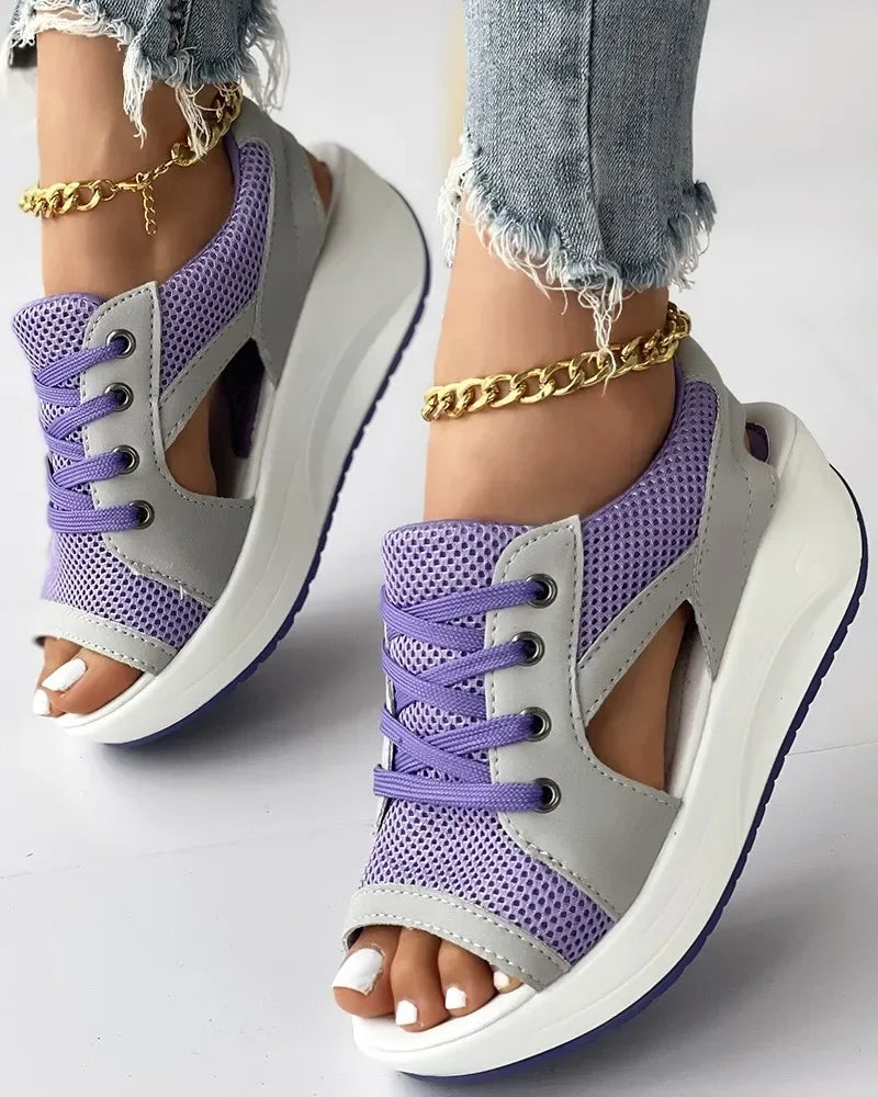 Summer Casual Comfortable Toe Contrast Cutout Lace-up Platform Sport Sandal/Sneakers