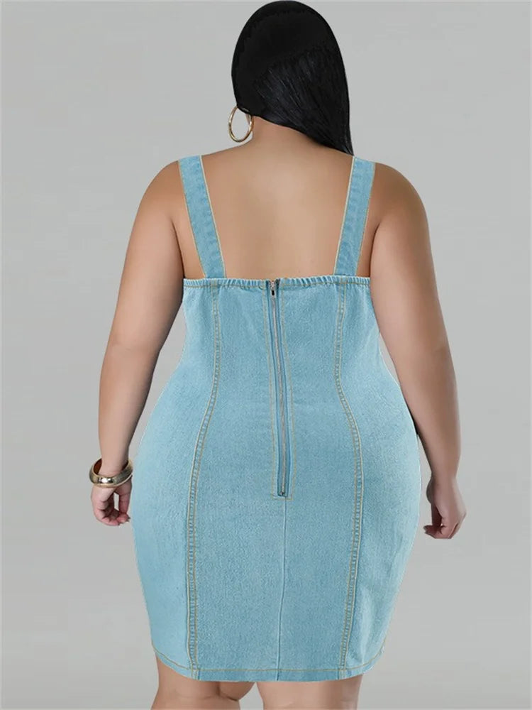 Plus Size Denim Dress for Women Summer Sleeveless Fashion Casual Bodycon Zipper Midi Dress