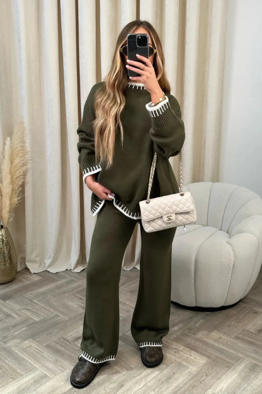 Ladies Knitted 2 Piece Set Casual Loose O Neck Pullover Top Wide Leg Pants.