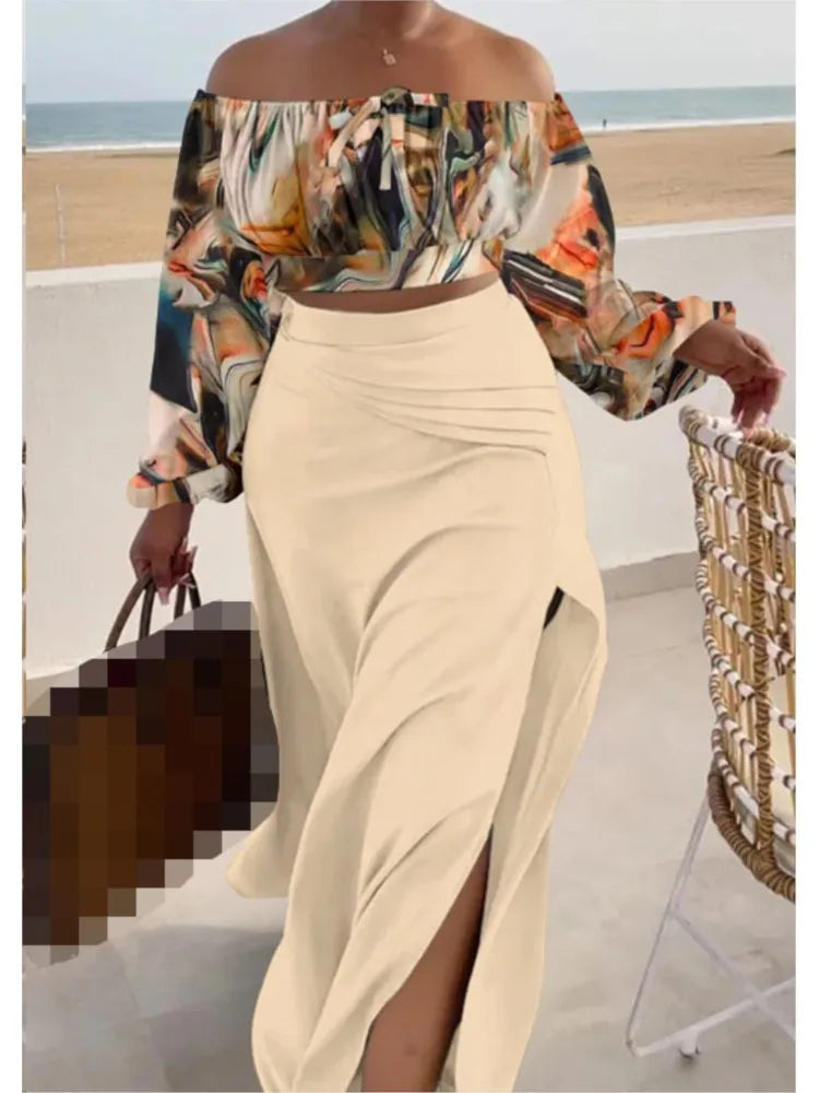 Casual Off Shoulder Sexy Slit Printed Loose Long Skirt Two Piece Set For Women Vacation Summer Outfit.  S-3X