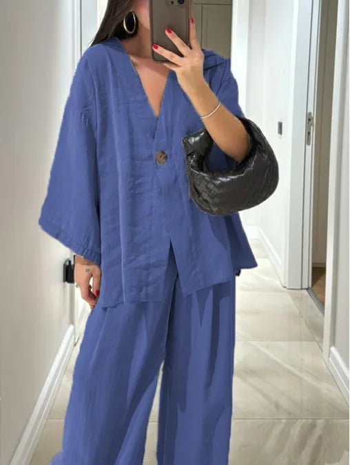 Spring Summer Fashion Cotton Blend Two Piece Set Causal Loose Top Wide Leg Pants 2 Piece Outfit.  S-3X