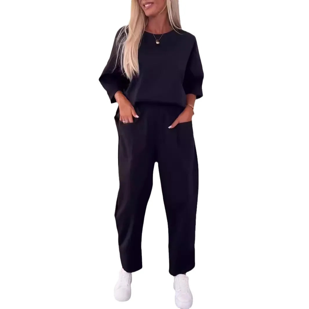 Women Two Piece Set Solid Top Ankle Length Pants Sport Matching Set.  S-3xL
