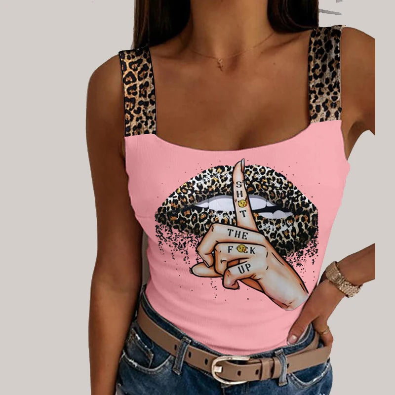 Women's Leopard Lips Print Sleeveless Top. S-3xL