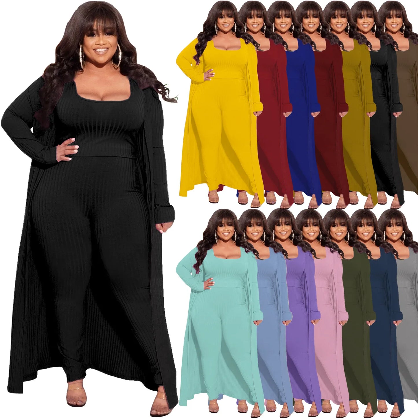 Plus Size Set Flattering long-sleeved Sweater High Elasticity 3 Piece Outfit