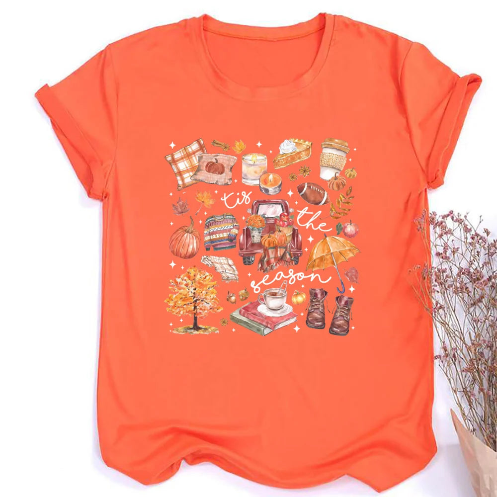Women's Fall Shirt Pumpkin Season Short Sleeves Fashion Fall Harvest  Tshirt .  S-2X