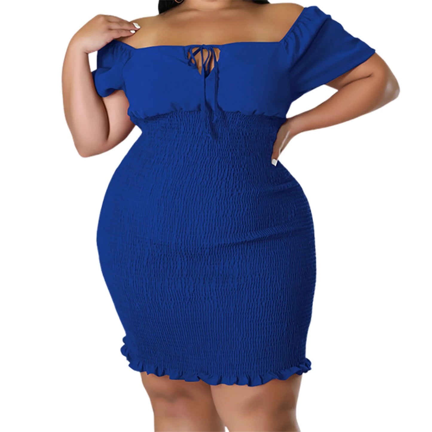 Summer Womens Plus Size Dress Sexy Short Sleeve Off Shoulder Ruffles Bodycon Sexy Solid Dress