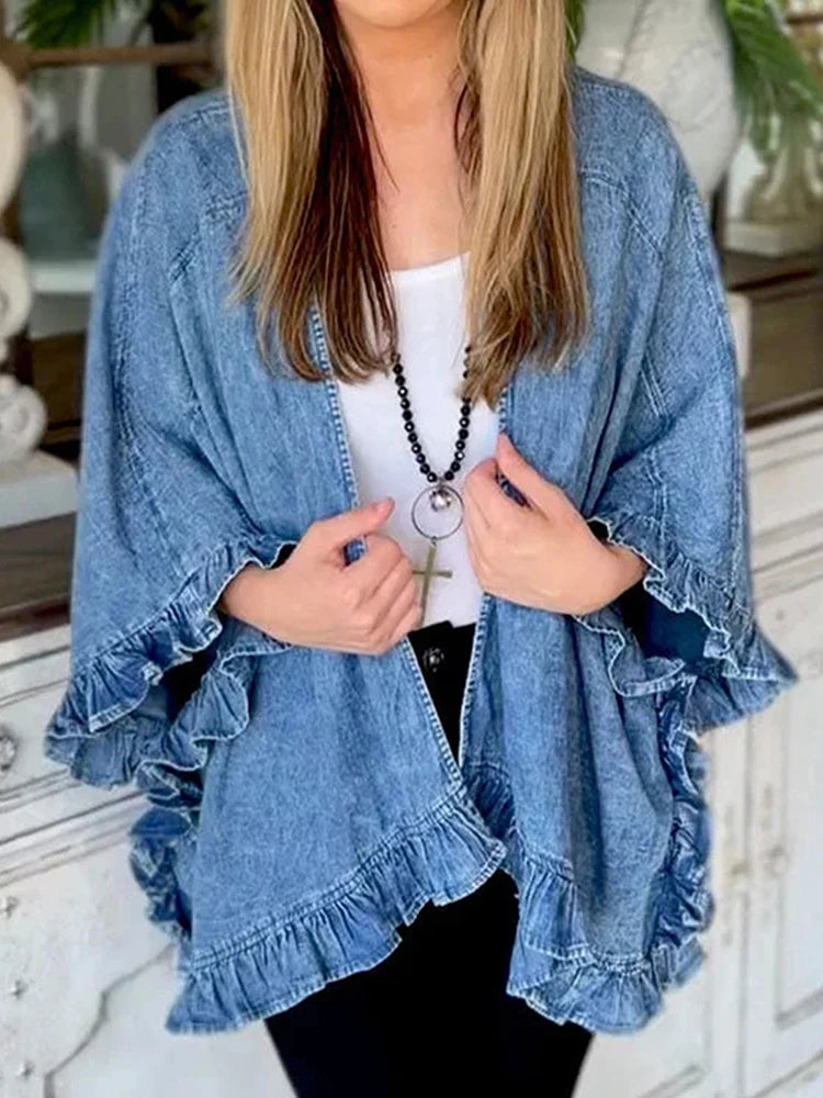 Women Plus Size Denim Jacket Splicing Pocket Ruffle 3/4 Sleeves Loose Irregular Hem Washed Summer 2025 Vintage Female Cardigan.