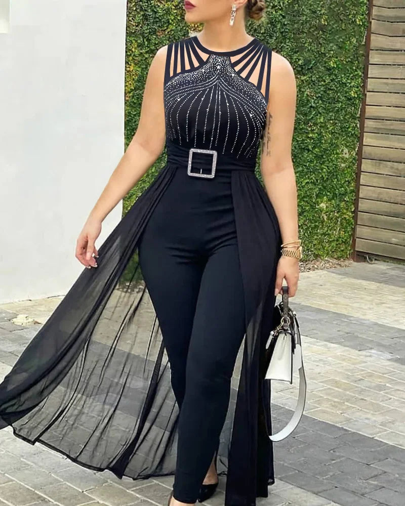 2025 Summer Women's Sexy Round Neck Rhinestone Sheer Mesh Sleeveless Jumpsuit with Belt New Fashion Women;s Jumpsuit