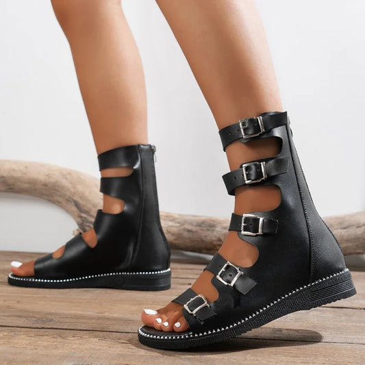 Summer Women's Open Toe Sandals New Roman Back Zip Flat Gladiator Sandals