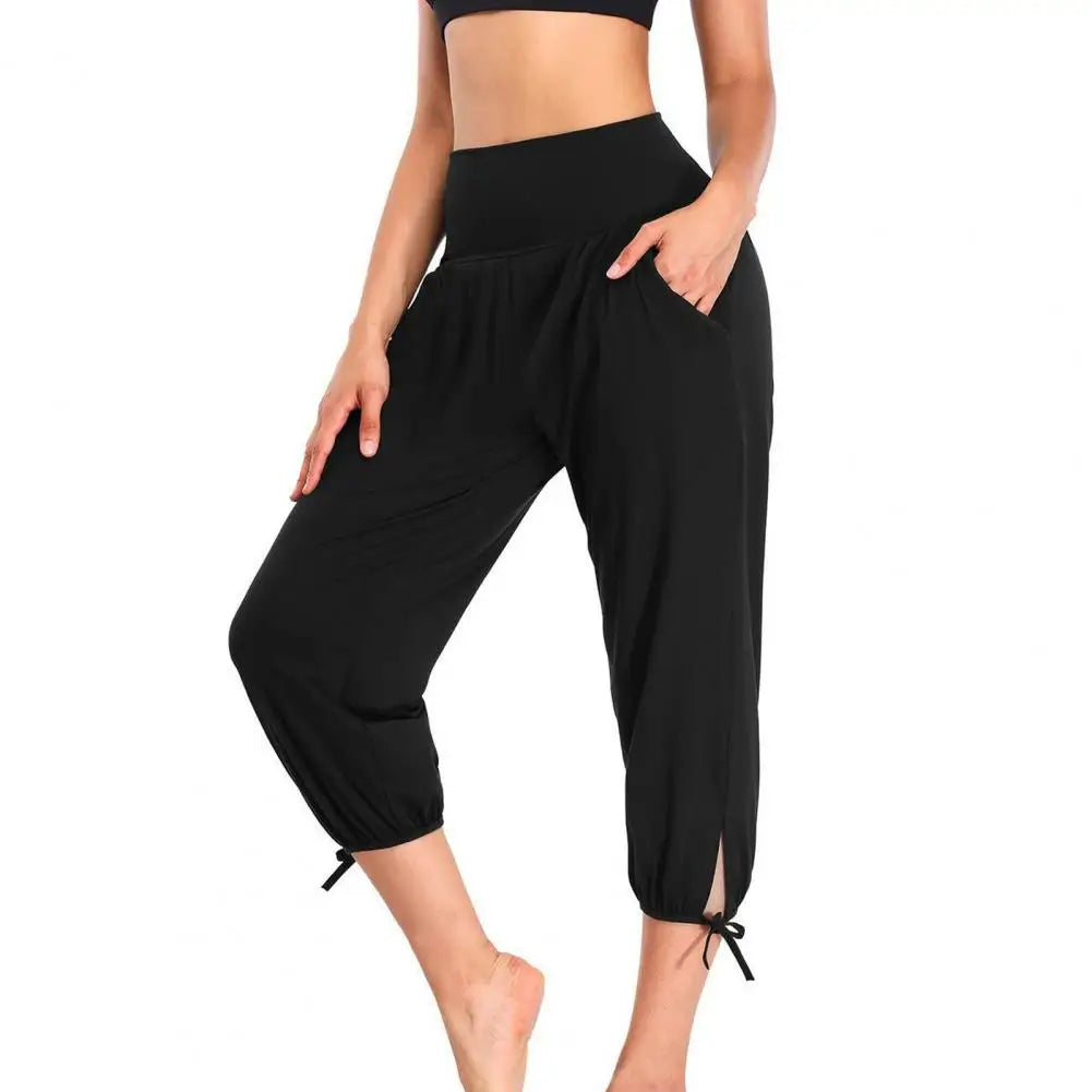 Casual High Waist Cropped Pants Stylish Women's High Waist Yoga Pants with Pockets Solid Colour.  S-3x