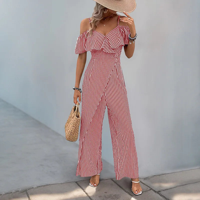Jumpsuits Women One Piece Striped V Neck Wide Leg Long Pants High Waist Rompers 2025.  S-XL