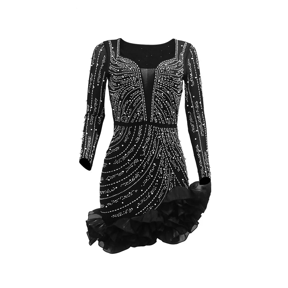 Long Sleeve V Neck Sexy Glittering Diamond Bodycon Mini Dress. S-2xL