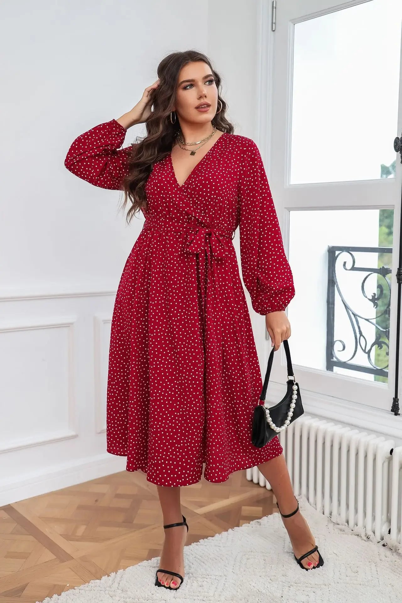 Plus Size Wrap V Neck Dresses Dotted Print Long Sleeves Boho Spring Fall A Line Swing Maxi Dress