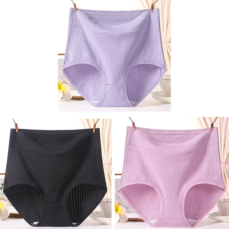 3pcs Ladies Plus Size High Quality Cotton Panties High Waist Breathable Briefs Solid Colour.