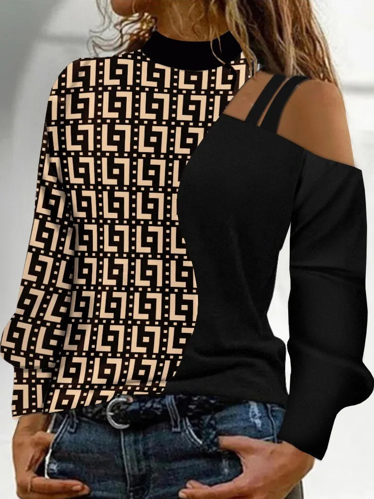 Fashion Sexy Off Shoulder Print Tops Women Elegant O-neck Long Sleeve Blouse.  S-3X